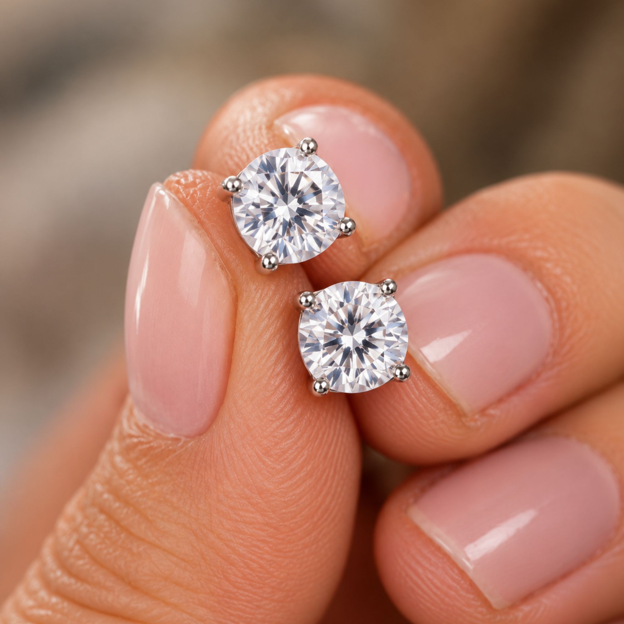 Pair of large round clear CZ stud earrings in silver-tone settings, shown from front and side.
