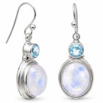 Sterling silver drop earrings with oval rainbow moonstones and small faceted blue topaz stones on French wires.