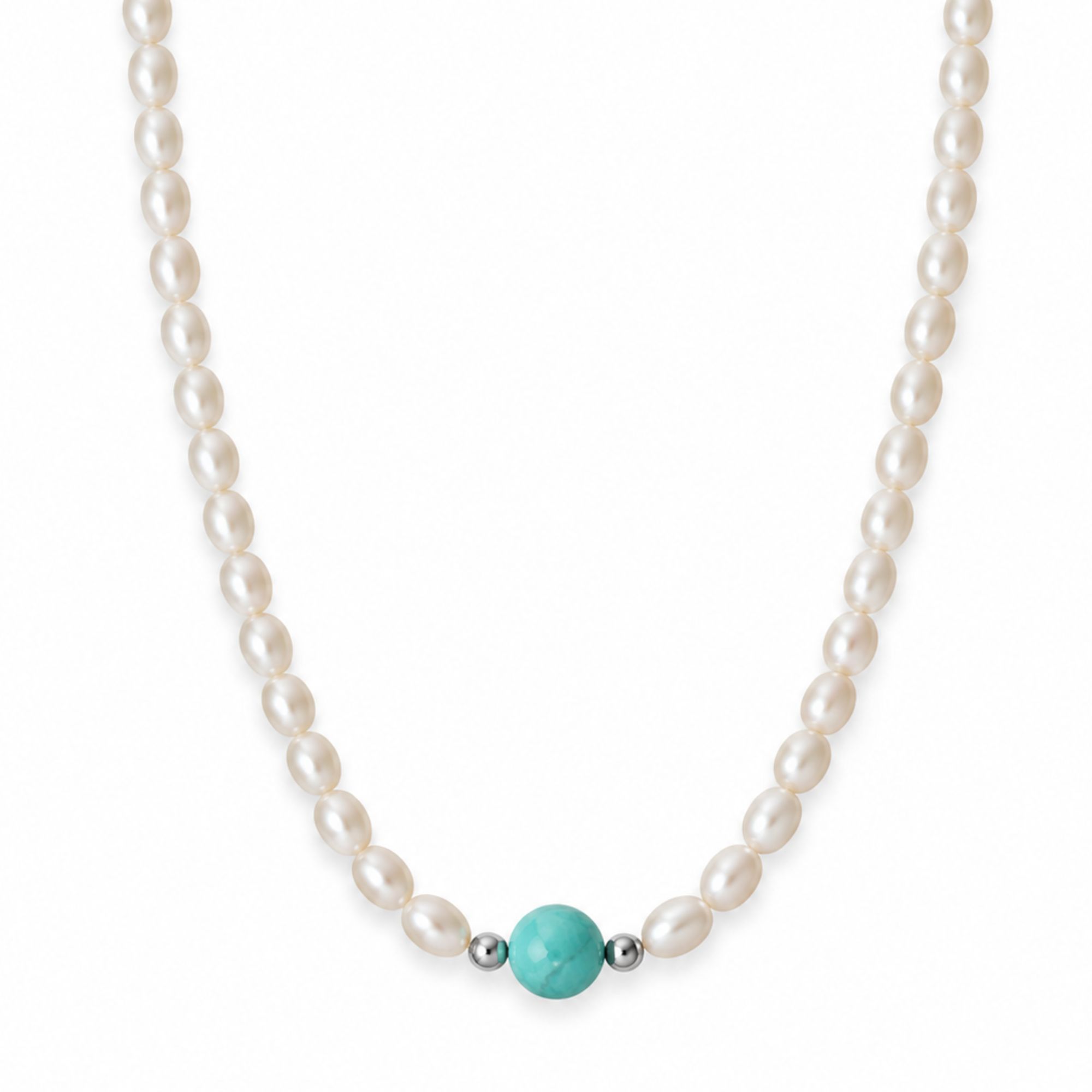 White cultured freshwater pearl necklace with a single turquoise center bead and small silver accent beads.