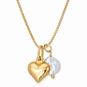 Gold-tone puffy heart necklace with a white cultured freshwater coin pearl on a fine box chain.