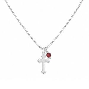 Silver-tone cross charm necklaces with small colored birthstone gem drops on fine box chains.