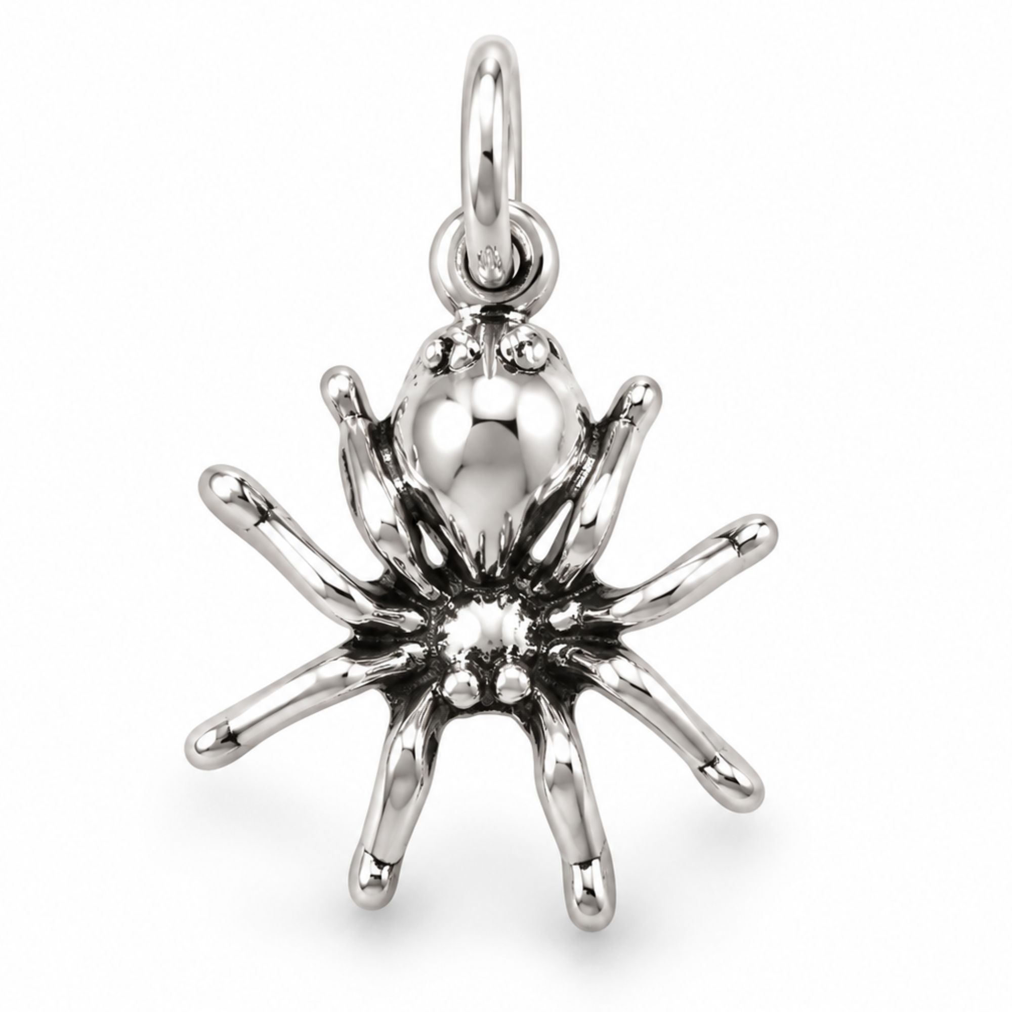 Small oxidized sterling silver 3D spider charm with eight sculpted legs and top hanging loop.