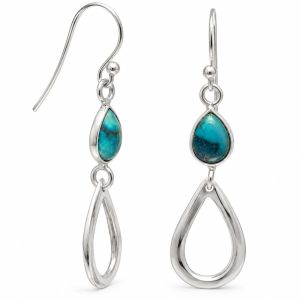 Sterling silver French wire drop earrings with pear-shaped turquoise stones and open teardrop dangles.