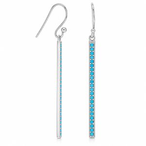 Long silver-tone French wire bar earrings lined with small turquoise-colored CZ stones.