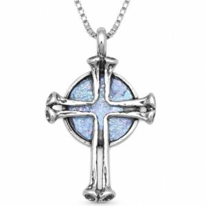 Sterling silver cross necklace with a round pale iridescent Roman glass center on a silver box chain.