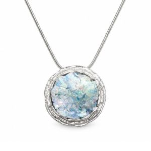 Ancient Roman Glass Necklace, Textured Sterling Silver 18 Inch
