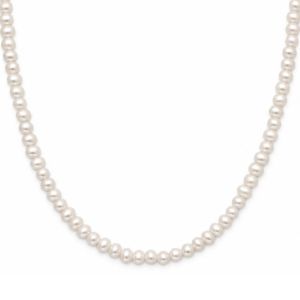 Single-strand white cultured freshwater pearl necklace with small round pearls and a short necklace length.