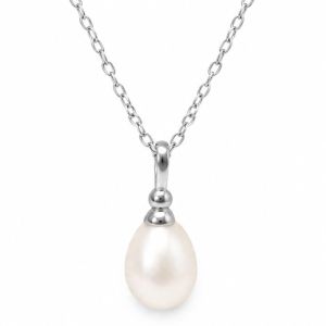 White teardrop freshwater pearl pendant on a fine silver-tone chain with a simple polished bail.