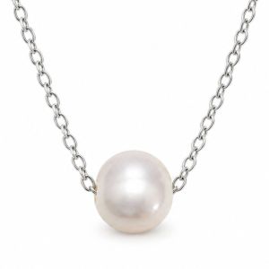 Single white cultured freshwater pearl centered on a delicate sterling silver chain.
