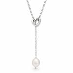 Sterling silver Y necklace with a CZ outline heart connector and single white freshwater pearl drop.