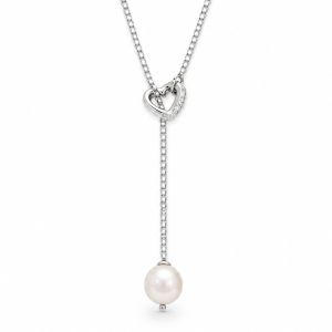 Sterling silver Y necklace with a CZ outline heart connector and single white freshwater pearl drop.