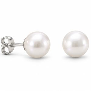 Pair of white cultured freshwater pearl stud earrings with simple silver posts.