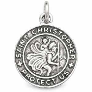 Round oxidized sterling silver Saint Christopher medal with raised figure and “Saint Christopher Protect Us” lettering.