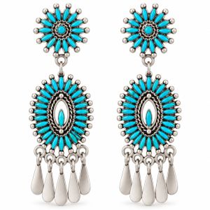 Oxidized silver turquoise chandelier earrings with double sunburst designs and five dangling silver drops.