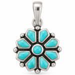 Oxidized silver flower pendant with blue-green turquoise center and matching petal-shaped stone accents.