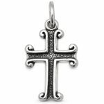 Oxidized sterling silver cross charm with curled scrollwork ends and textured darkened center.