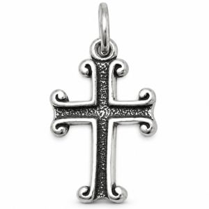 Oxidized sterling silver cross charm with curled scrollwork ends and textured darkened center.