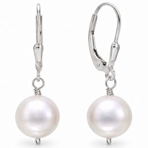White cultured freshwater pearl drop earrings suspended from polished silver leverback ear wires.